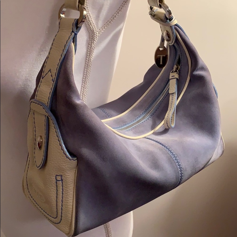 Tod’s Light Blue Suede & Bone Leather Shoulder Bag